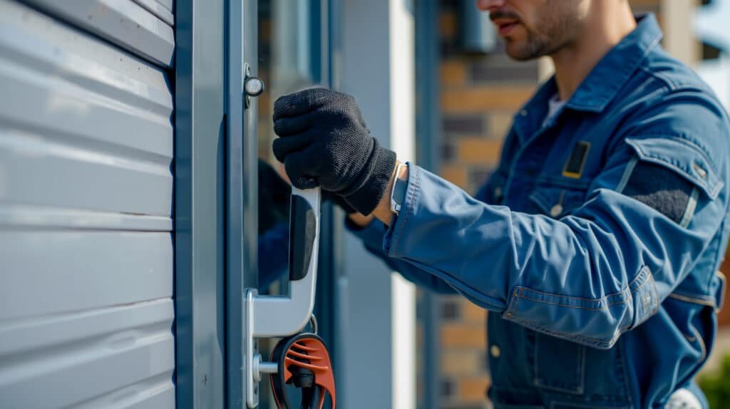 Technicien utilisant un outil électrique pour réparer une serrure moderne.